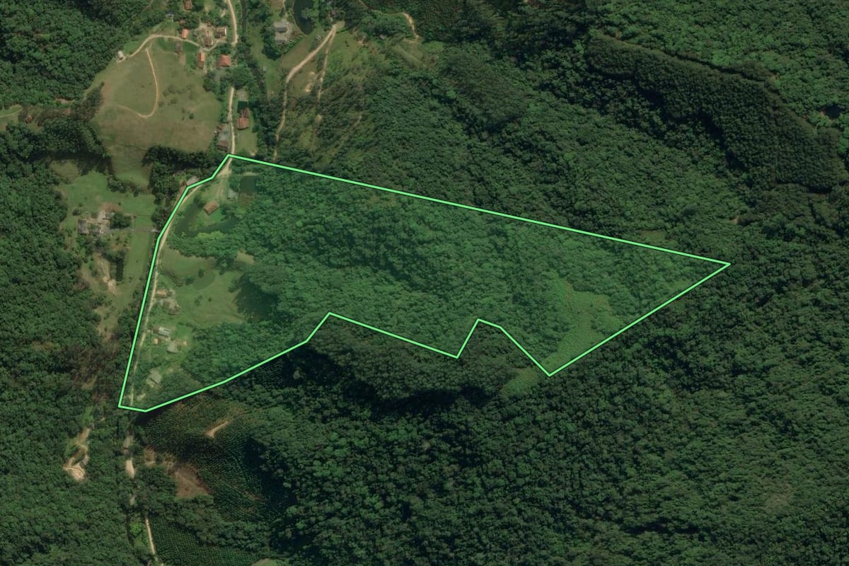 Imagem de satélite do imóvel rural em Apiúna (SC), com o contorno declarado no CAR desenhado por cima.