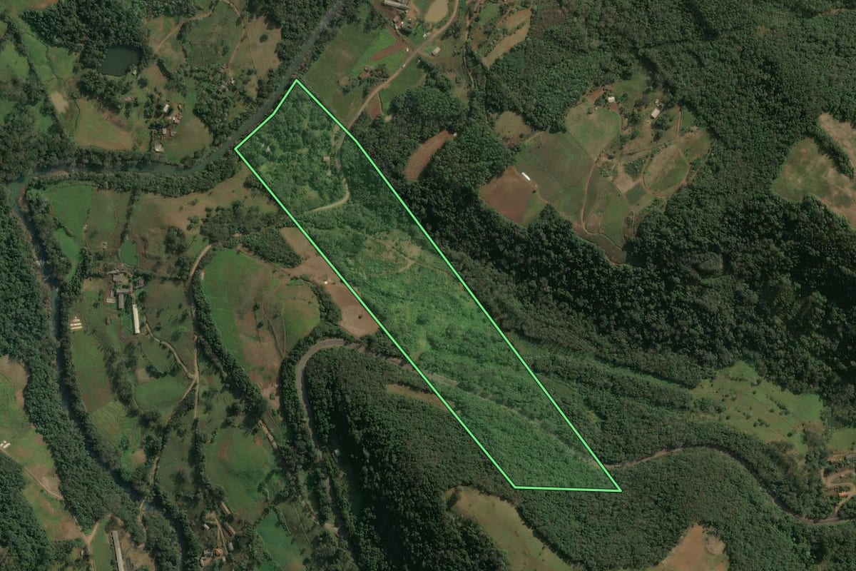 Imagem de satélite do imóvel rural em Arabutã (SC), com o contorno declarado no CAR desenhado por cima.