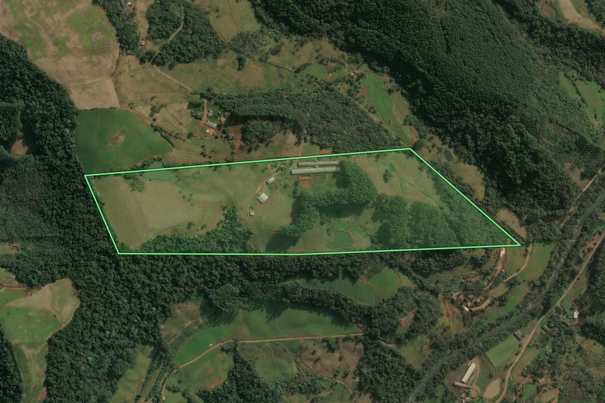 Imagem de satélite do imóvel rural em Arabutã (SC), com o contorno declarado no CAR desenhado por cima.