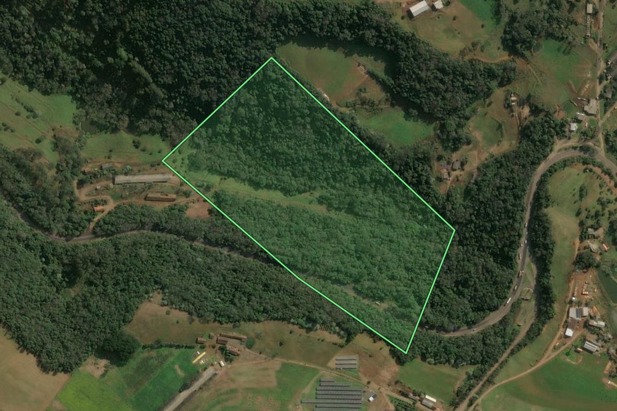 Imagem de satélite do imóvel rural em Arabutã (SC), com o contorno declarado no CAR desenhado por cima.