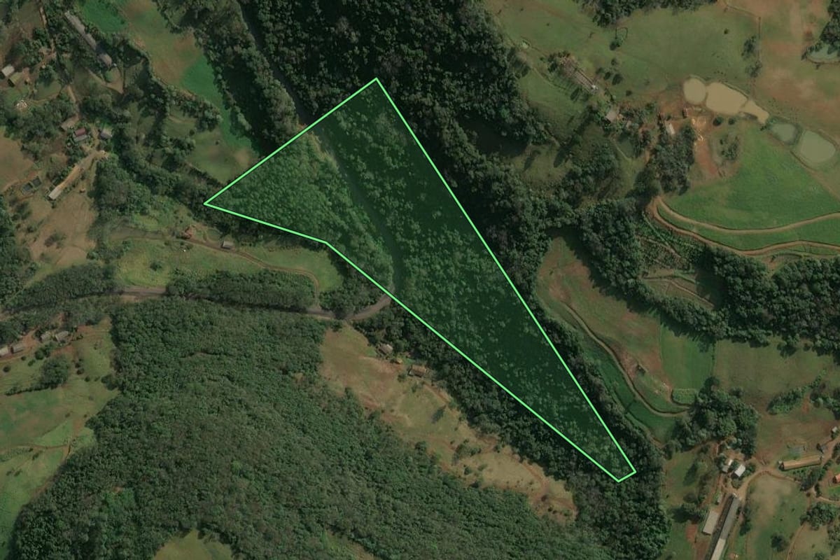 Imagem de satélite do imóvel rural em Arabutã (SC), com o contorno declarado no CAR desenhado por cima.