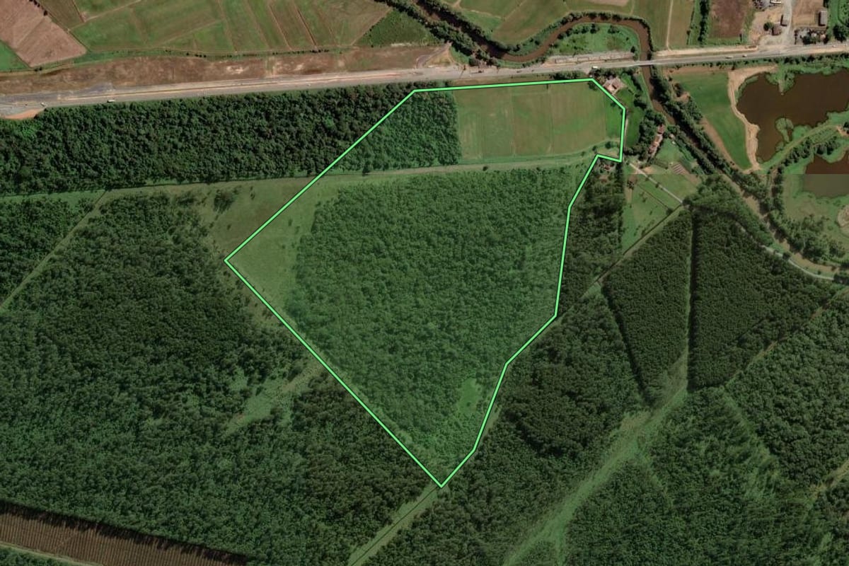 Imagem de satélite do imóvel rural em Araquari (SC), com o contorno declarado no CAR desenhado por cima.