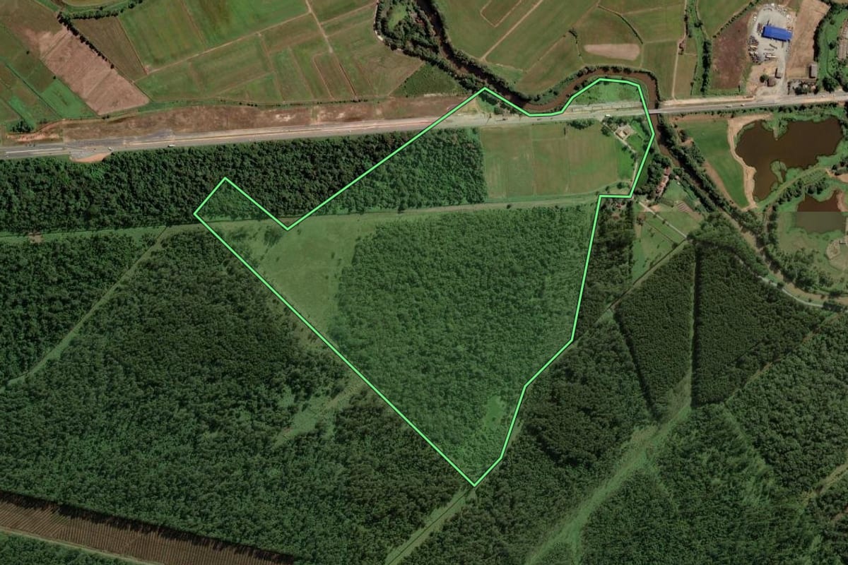 Imagem de satélite do imóvel rural em Araquari (SC), com o contorno declarado no CAR desenhado por cima.
