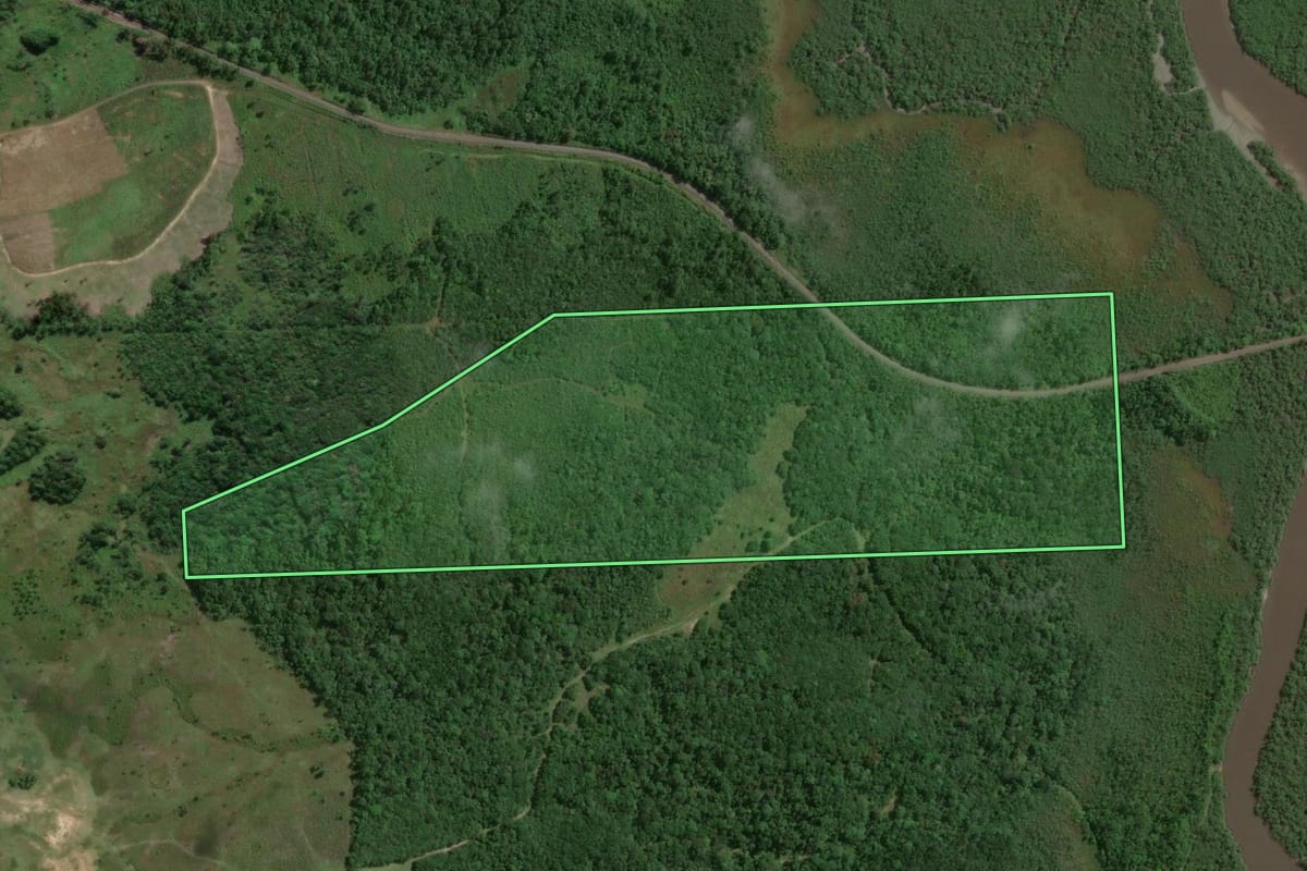 Imagem de satélite do imóvel rural em Araquari (SC), com o contorno declarado no CAR desenhado por cima.