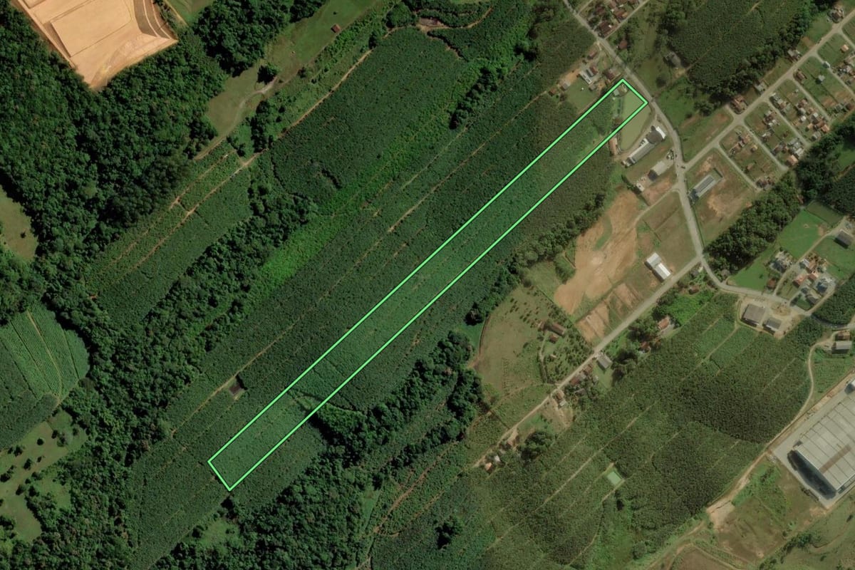 Imagem de satélite do imóvel rural em Araquari (SC), com o contorno declarado no CAR desenhado por cima.