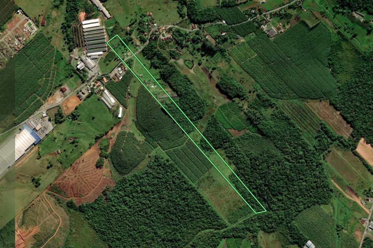 Imagem de satélite do imóvel rural em Araquari (SC), com o contorno declarado no CAR desenhado por cima.