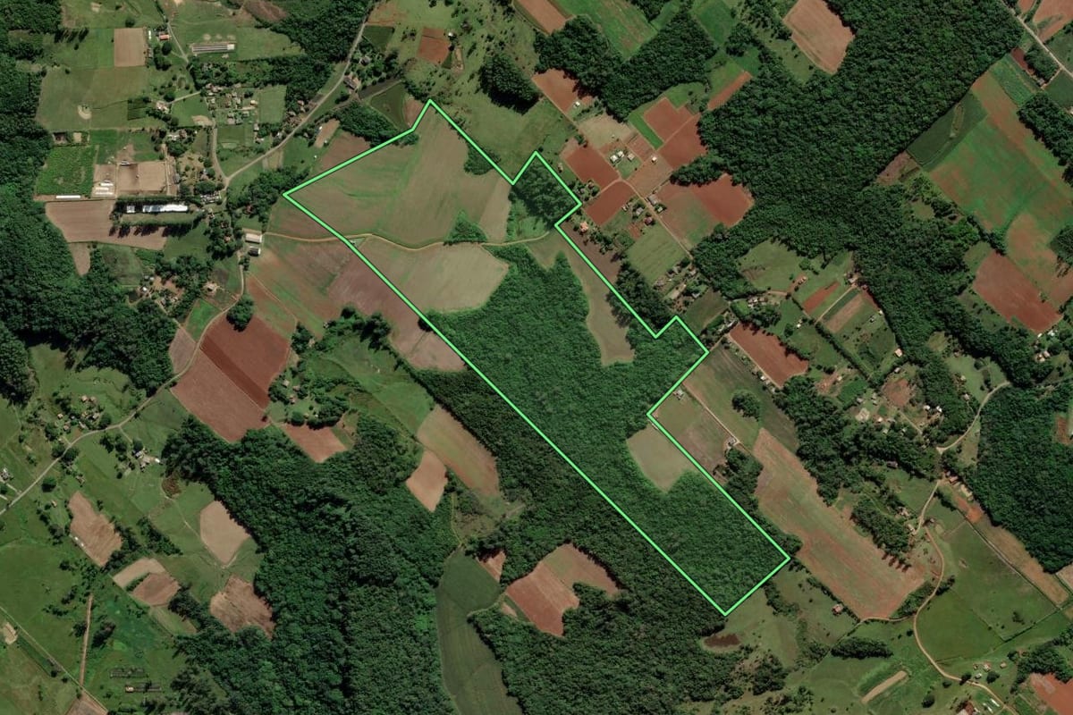Imagem de satélite do imóvel rural em Araranguá (SC), com o contorno declarado no CAR desenhado por cima.