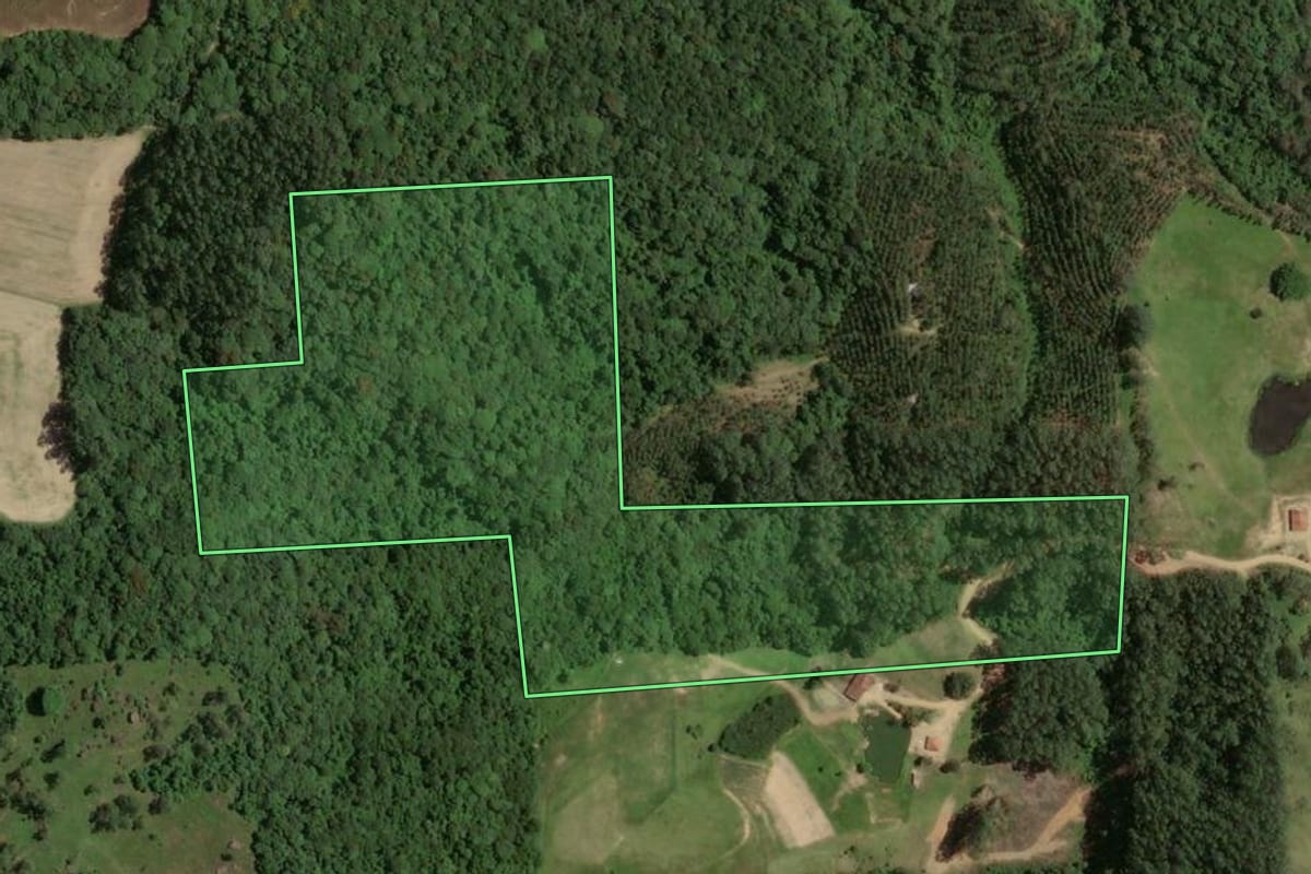 Imagem de satélite do imóvel rural em Armazém (SC), com o contorno declarado no CAR desenhado por cima.