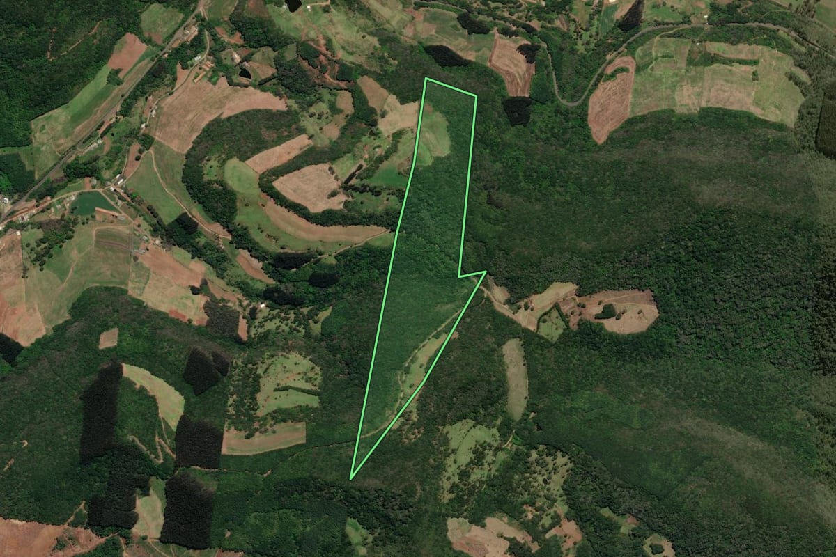 Imagem de satélite do imóvel rural em Arroio Trinta (SC), com o contorno declarado no CAR desenhado por cima.
