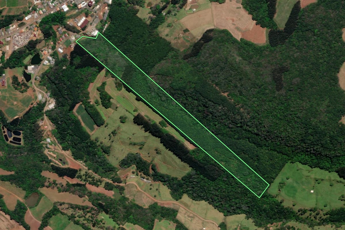 Imagem de satélite do imóvel rural em Arroio Trinta (SC), com o contorno declarado no CAR desenhado por cima.