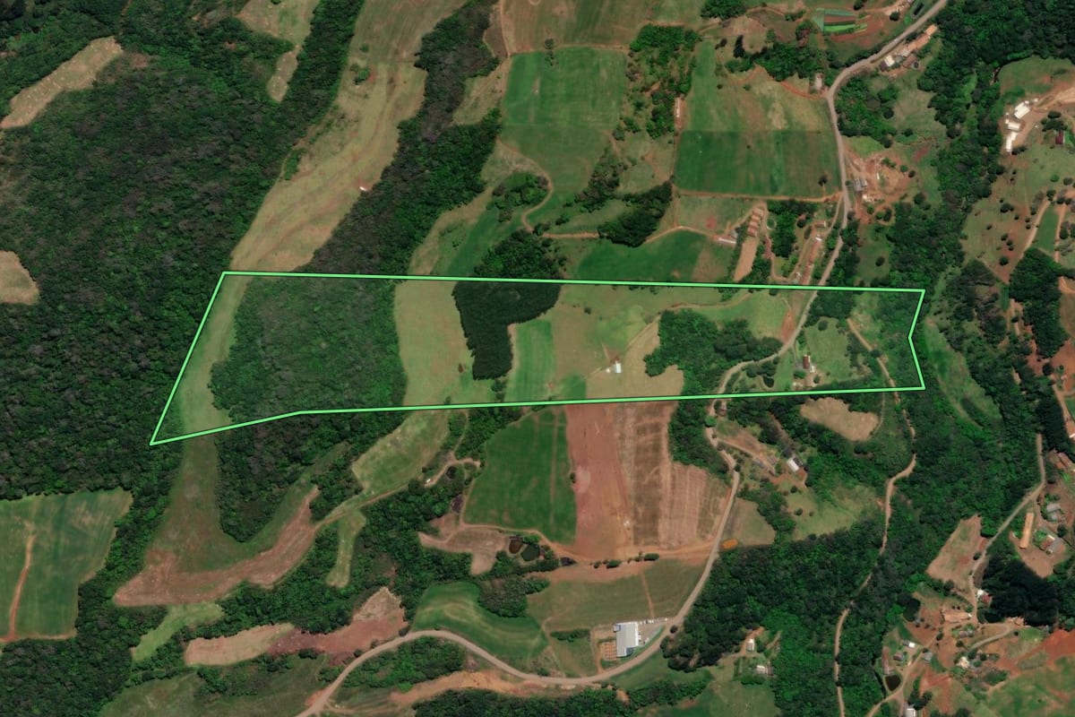Imagem de satélite do imóvel rural em Arroio Trinta (SC), com o contorno declarado no CAR desenhado por cima.
