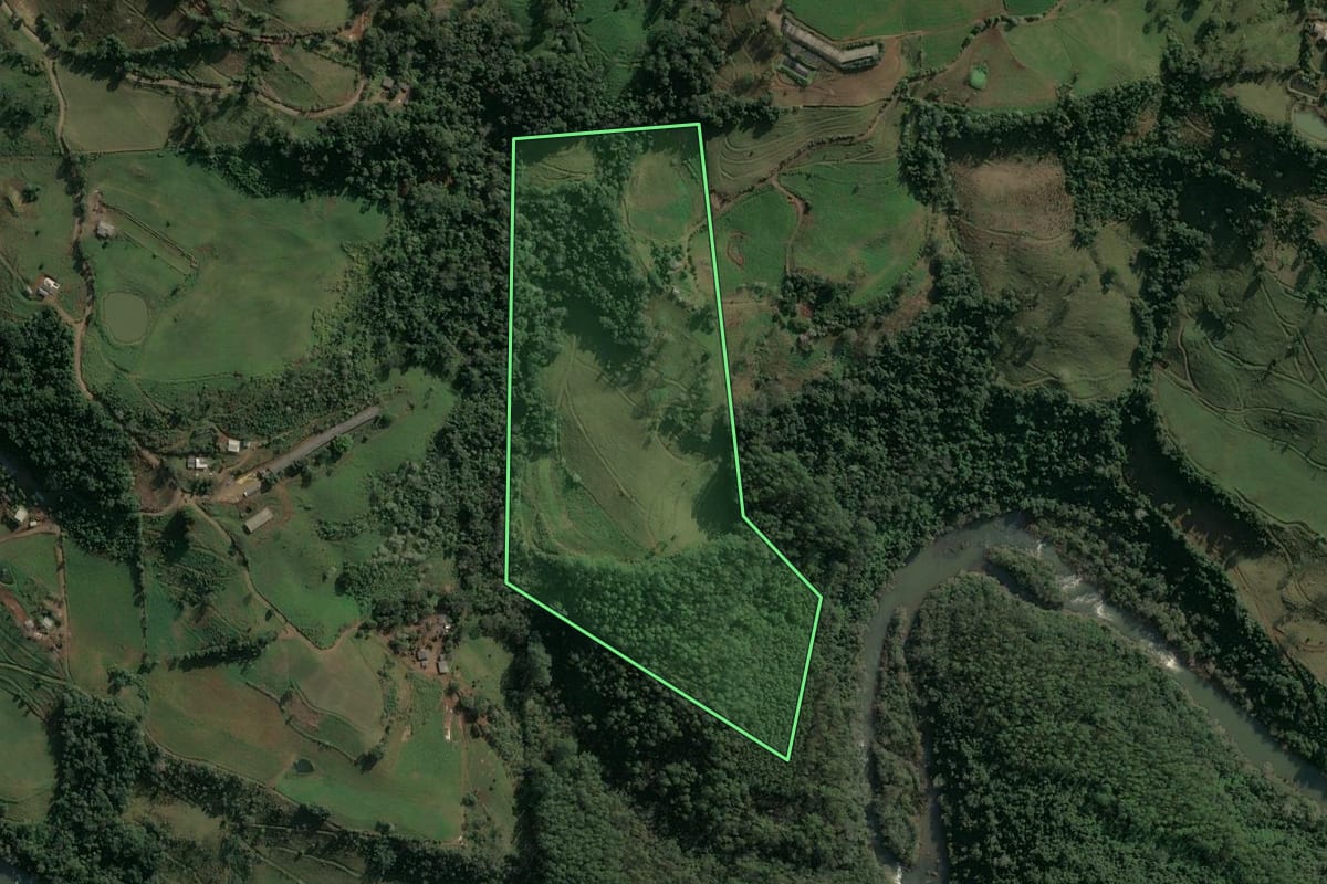 Imagem de satélite do imóvel rural em Arvoredo (SC), com o contorno declarado no CAR desenhado por cima.