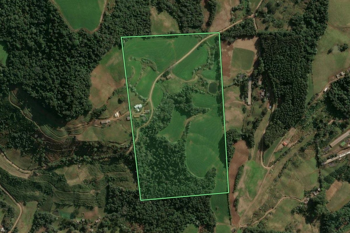 Imagem de satélite do imóvel rural em Arvoredo (SC), com o contorno declarado no CAR desenhado por cima.
