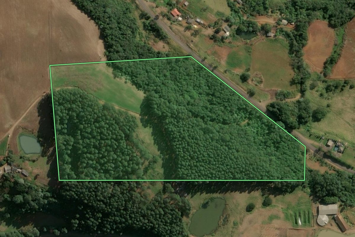 Imagem de satélite do imóvel rural em Arvoredo (SC), com o contorno declarado no CAR desenhado por cima.