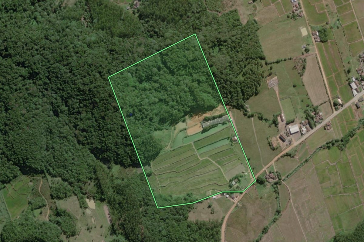 Imagem de satélite do imóvel rural em Ascurra (SC), com o contorno declarado no CAR desenhado por cima.