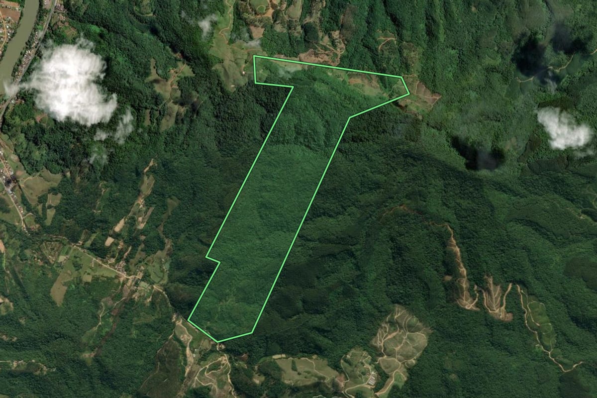 Imagem de satélite do imóvel rural em Ascurra (SC), com o contorno declarado no CAR desenhado por cima.
