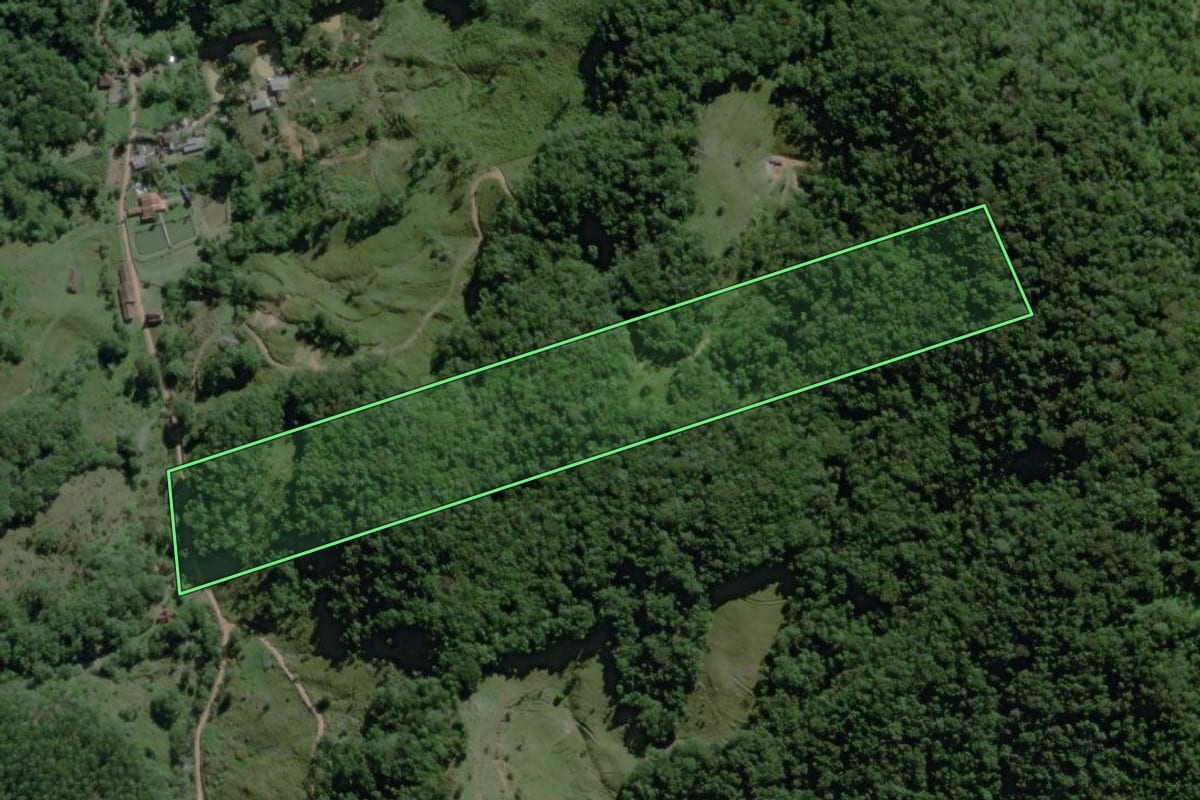 Imagem de satélite do imóvel rural em Ascurra (SC), com o contorno declarado no CAR desenhado por cima.