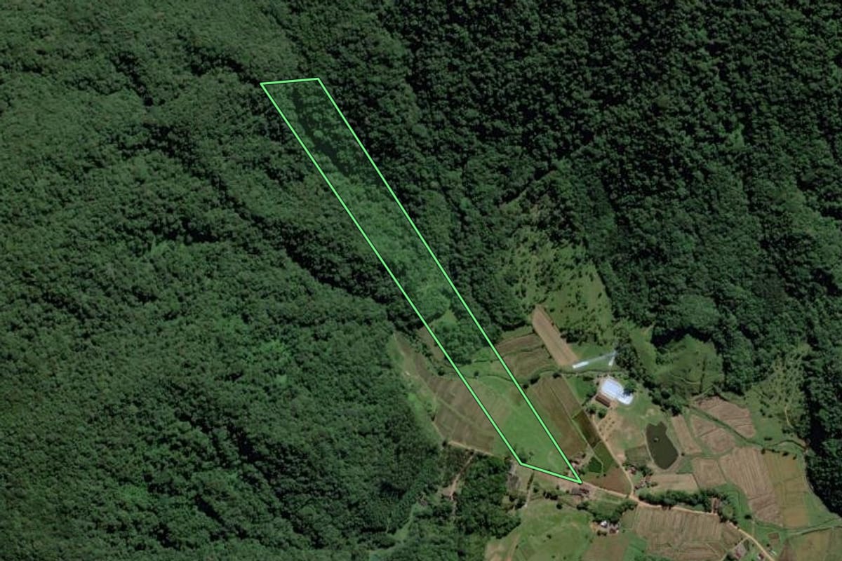 Imagem de satélite do imóvel rural em Ascurra (SC), com o contorno declarado no CAR desenhado por cima.