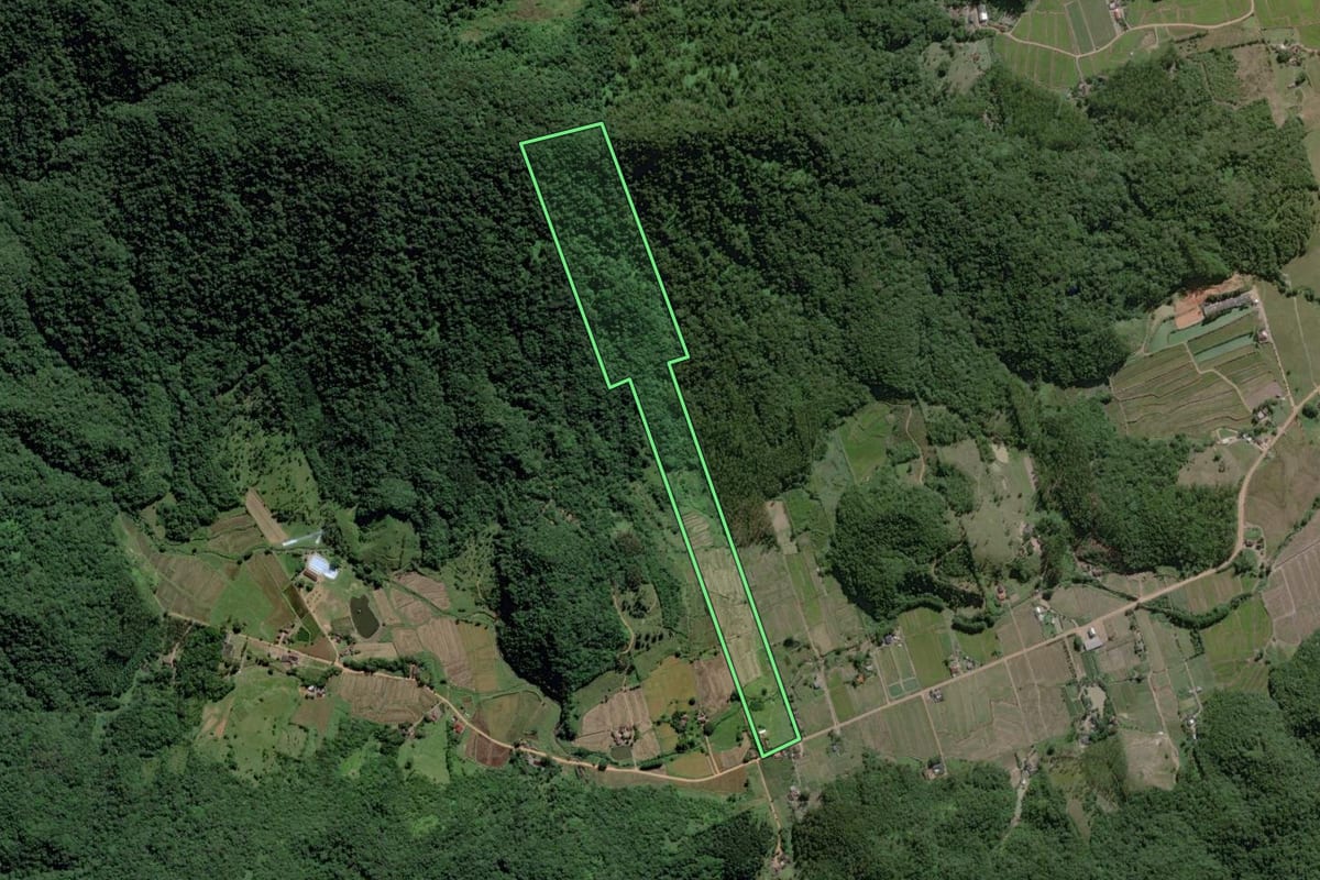 Imagem de satélite do imóvel rural em Ascurra (SC), com o contorno declarado no CAR desenhado por cima.