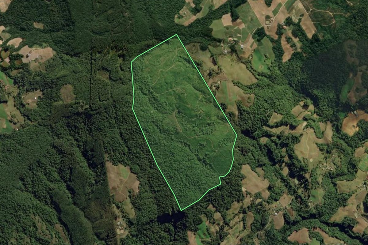 Imagem de satélite do imóvel rural em Aurora (SC), com o contorno declarado no CAR desenhado por cima.