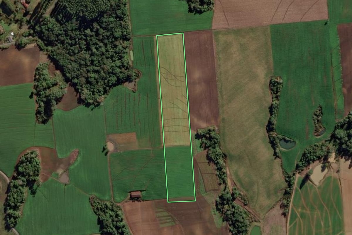 Imagem de satélite do imóvel rural em Aurora (SC), com o contorno declarado no CAR desenhado por cima.