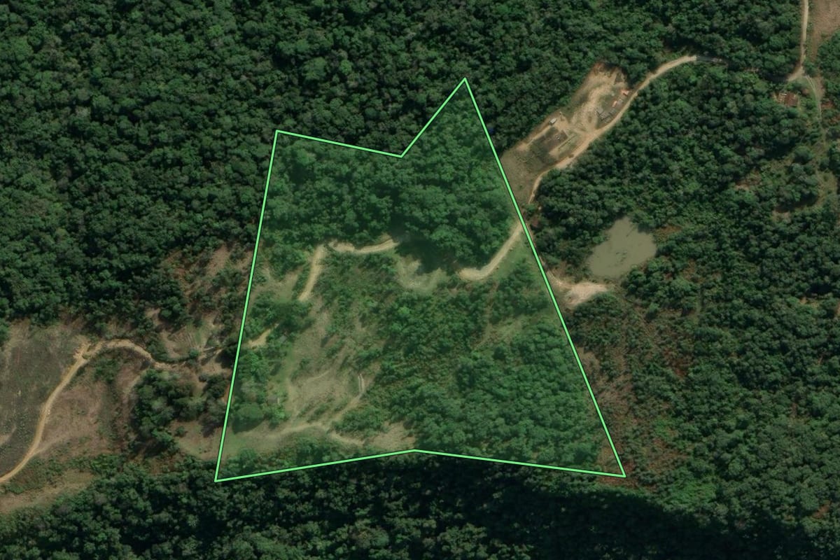 Imagem de satélite do imóvel rural em Aurora (SC), com o contorno declarado no CAR desenhado por cima.