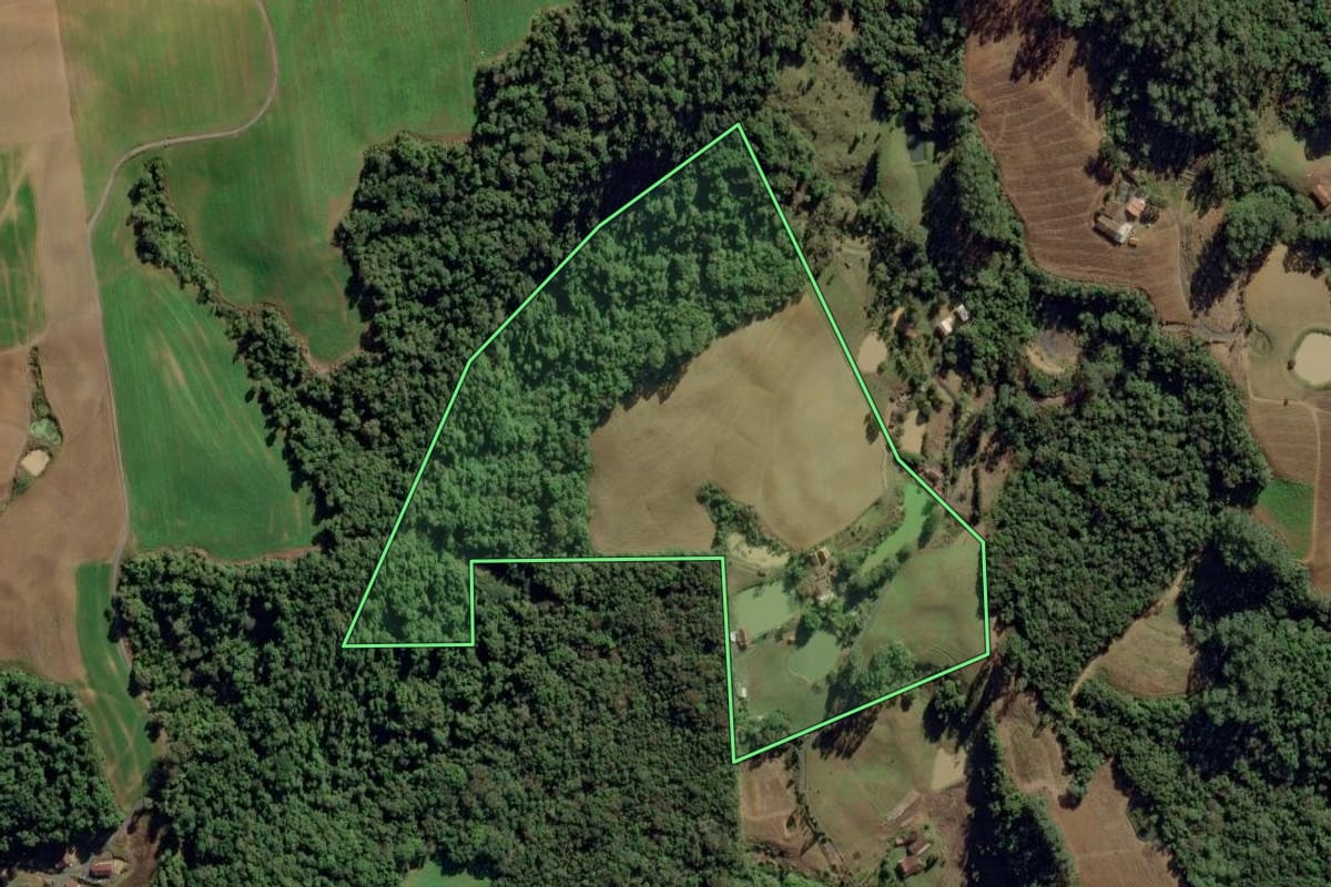 Imagem de satélite do imóvel rural em Aurora (SC), com o contorno declarado no CAR desenhado por cima.