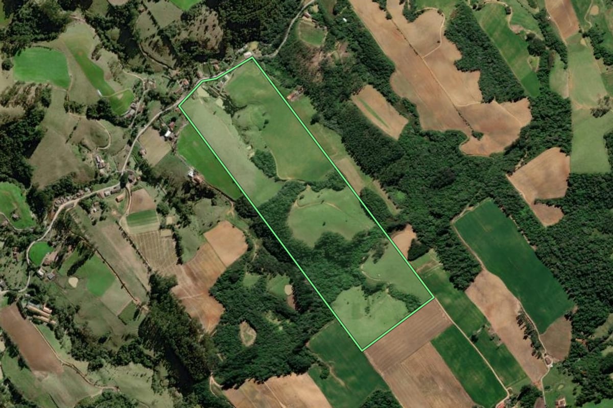 Imagem de satélite do imóvel rural em Aurora (SC), com o contorno declarado no CAR desenhado por cima.