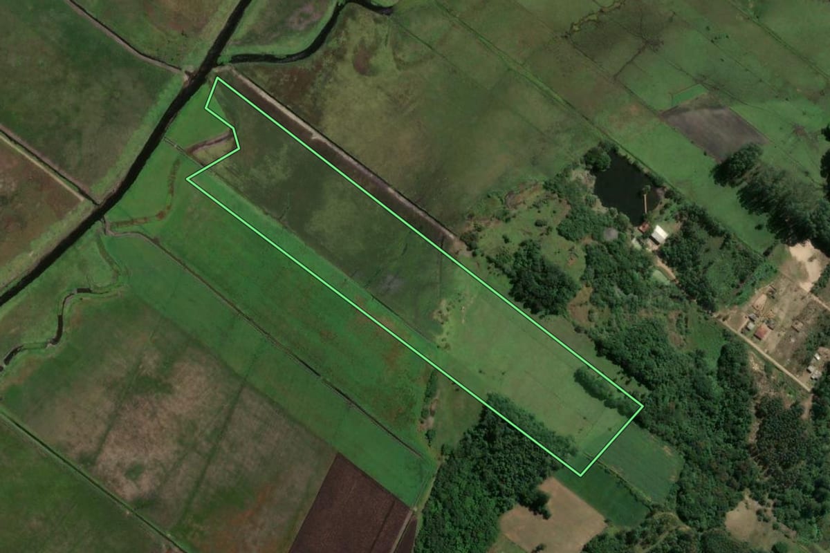Imagem de satélite do imóvel rural em Balneário Gaivota (SC), com o contorno declarado no CAR desenhado por cima.