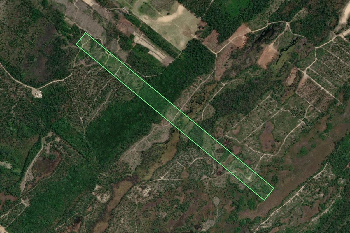 Imagem de satélite do imóvel rural em Balneário Gaivota (SC), com o contorno declarado no CAR desenhado por cima.