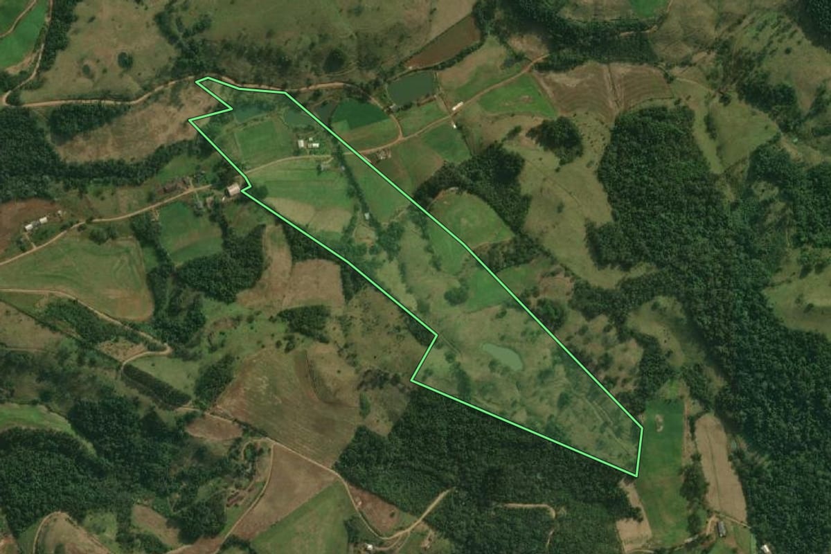Imagem de satélite do imóvel rural em Bandeirante (SC), com o contorno declarado no CAR desenhado por cima.