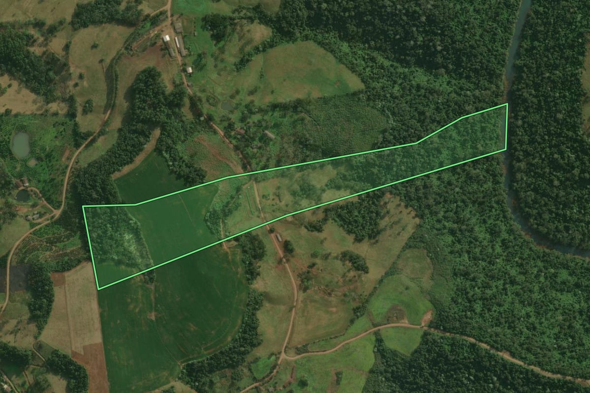Imagem de satélite do imóvel rural em Bandeirante (SC), com o contorno declarado no CAR desenhado por cima.