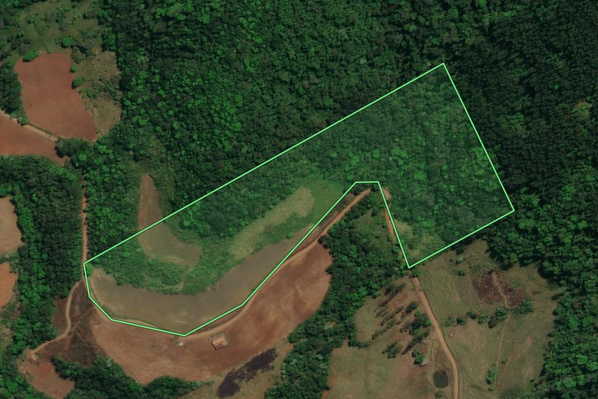 Imagem de satélite do imóvel rural em Barra Bonita (SC), com o contorno declarado no CAR desenhado por cima.