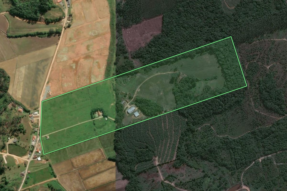 Imagem de satélite do imóvel rural em Barra Velha (SC), com o contorno declarado no CAR desenhado por cima.