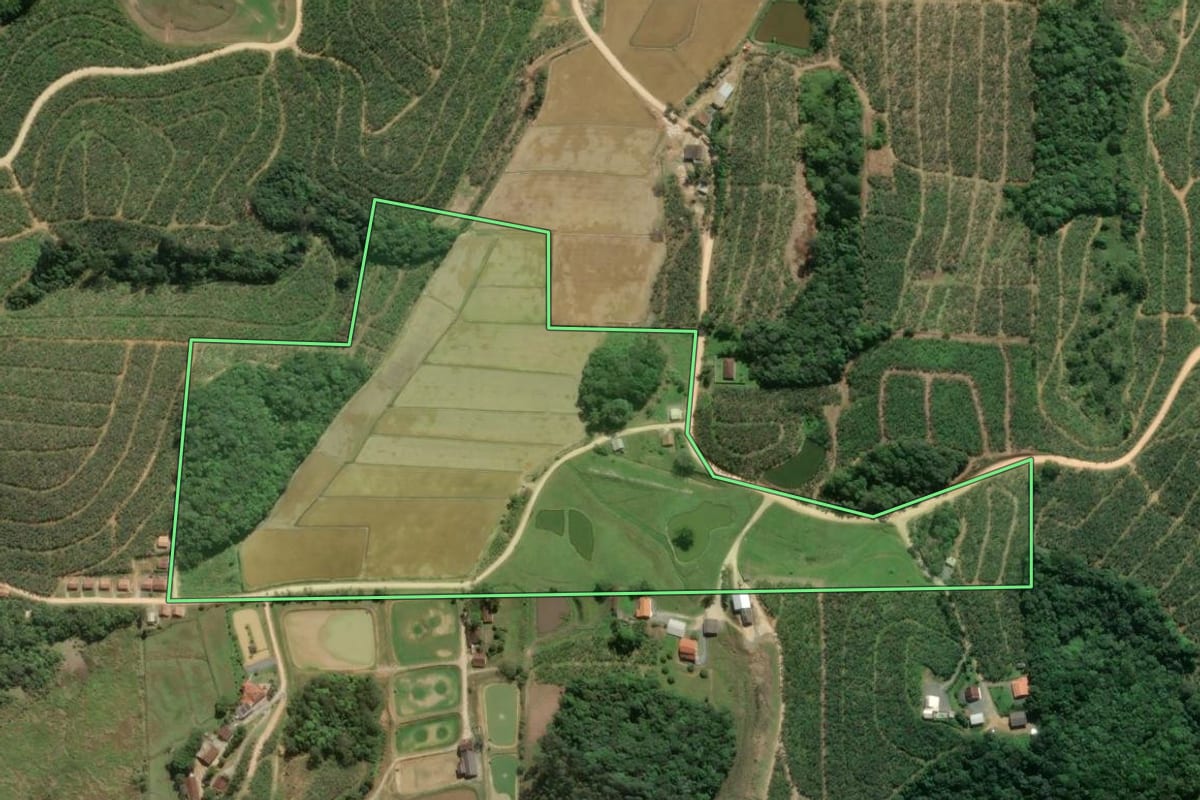 Imagem de satélite do imóvel rural em Barra Velha (SC), com o contorno declarado no CAR desenhado por cima.