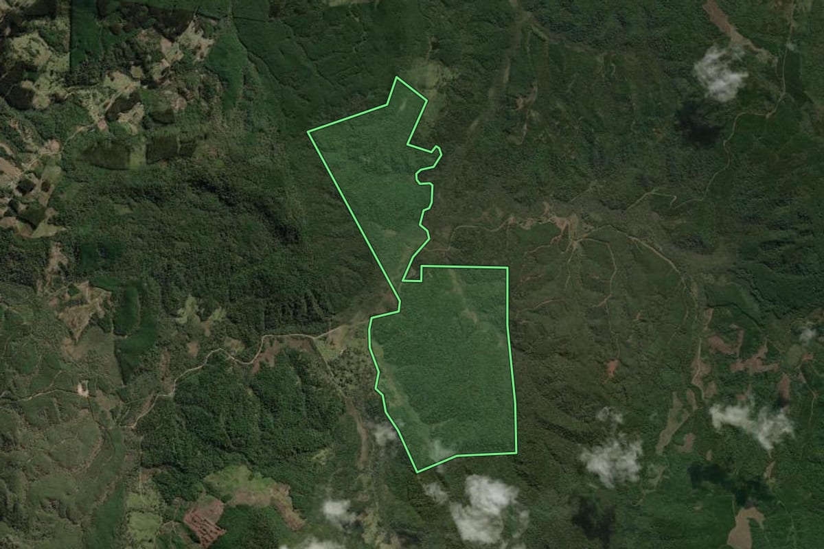 Imagem de satélite do imóvel rural em Bela Vista do Toldo (SC), com o contorno declarado no CAR desenhado por cima.