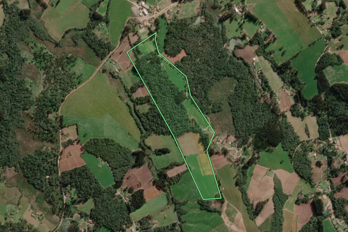 Imagem de satélite do imóvel rural em Bela Vista do Toldo (SC), com o contorno declarado no CAR desenhado por cima.