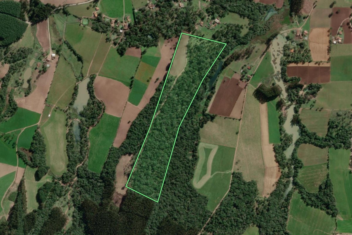 Imagem de satélite do imóvel rural em Bela Vista do Toldo (SC), com o contorno declarado no CAR desenhado por cima.