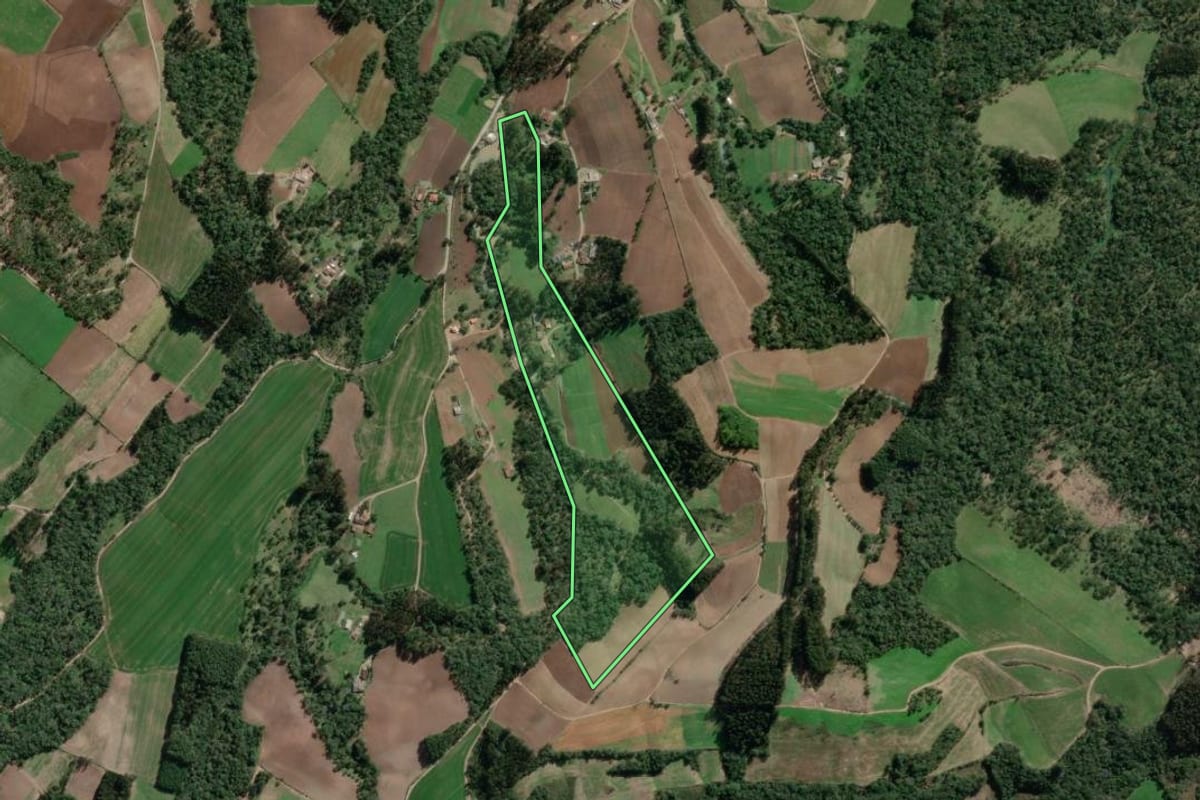 Imagem de satélite do imóvel rural em Bela Vista do Toldo (SC), com o contorno declarado no CAR desenhado por cima.
