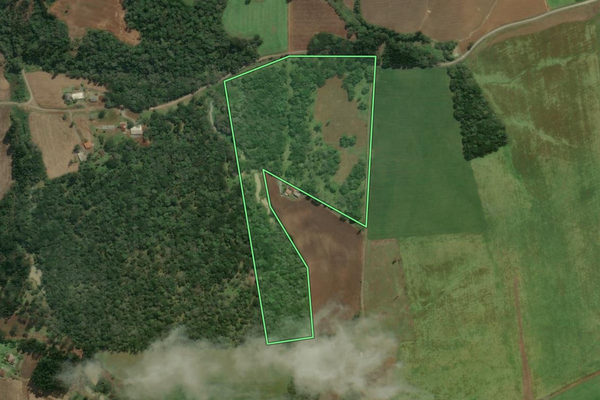 Imagem de satélite do imóvel rural em Bela Vista do Toldo (SC), com o contorno declarado no CAR desenhado por cima.