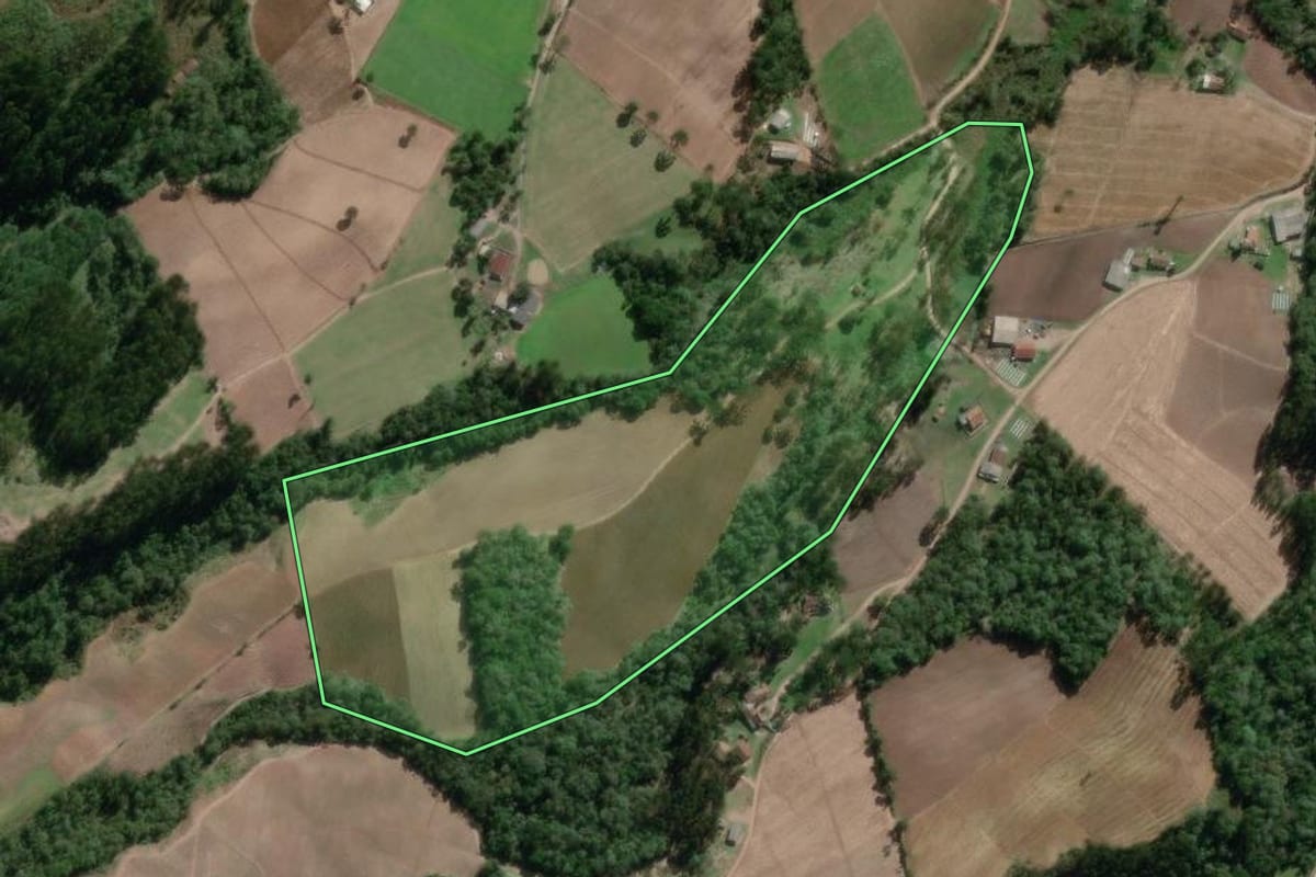 Imagem de satélite do imóvel rural em Bela Vista do Toldo (SC), com o contorno declarado no CAR desenhado por cima.
