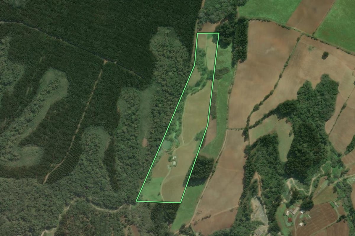 Imagem de satélite do imóvel rural em Bela Vista do Toldo (SC), com o contorno declarado no CAR desenhado por cima.