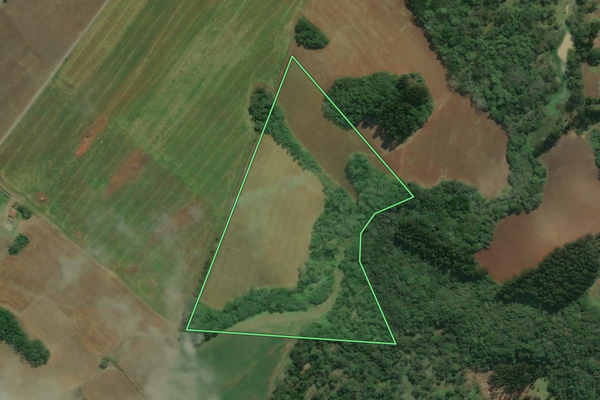 Imagem de satélite do imóvel rural em Bela Vista do Toldo (SC), com o contorno declarado no CAR desenhado por cima.