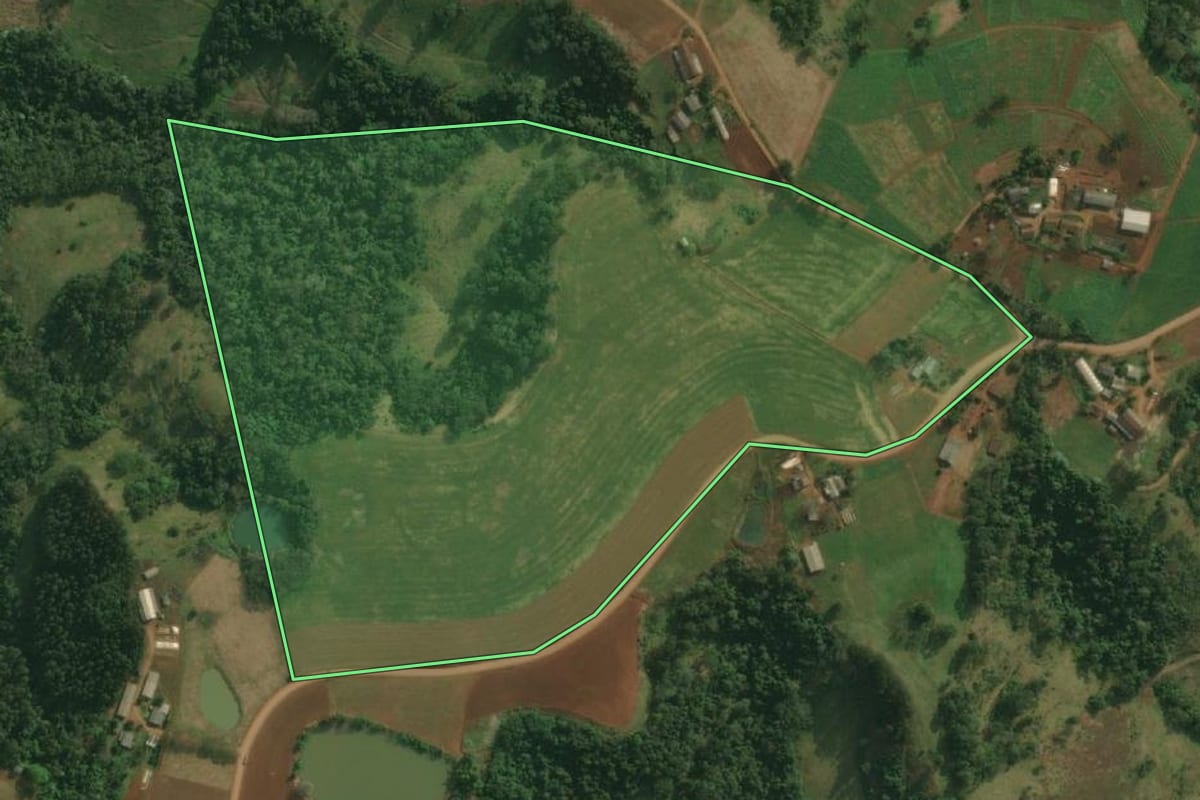 Imagem de satélite do imóvel rural em Belmonte (SC), com o contorno declarado no CAR desenhado por cima.