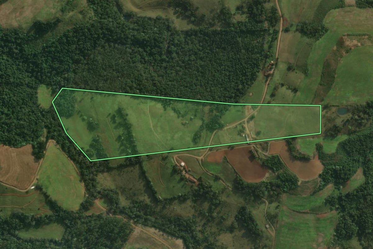 Imagem de satélite do imóvel rural em Belmonte (SC), com o contorno declarado no CAR desenhado por cima.