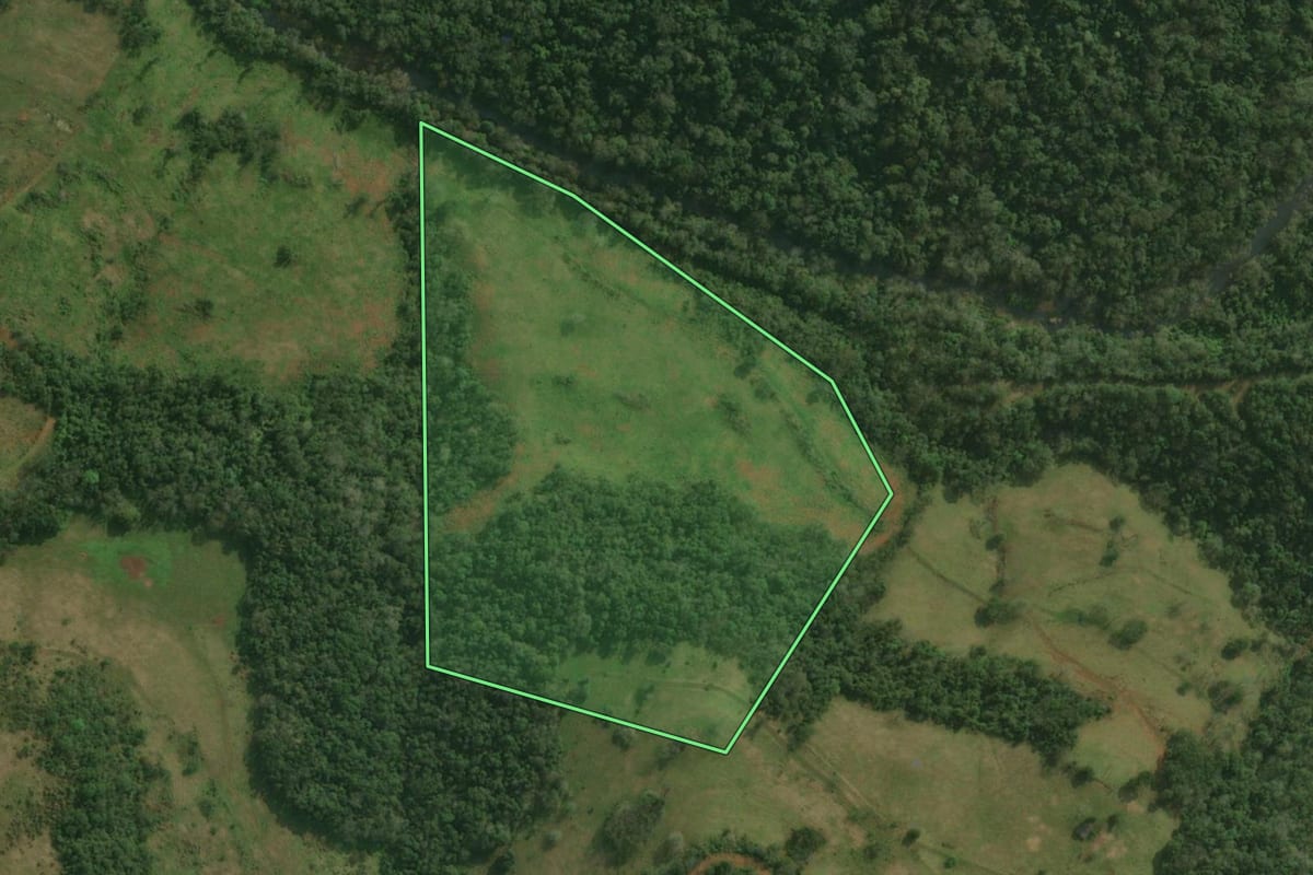 Imagem de satélite do imóvel rural em Belmonte (SC), com o contorno declarado no CAR desenhado por cima.