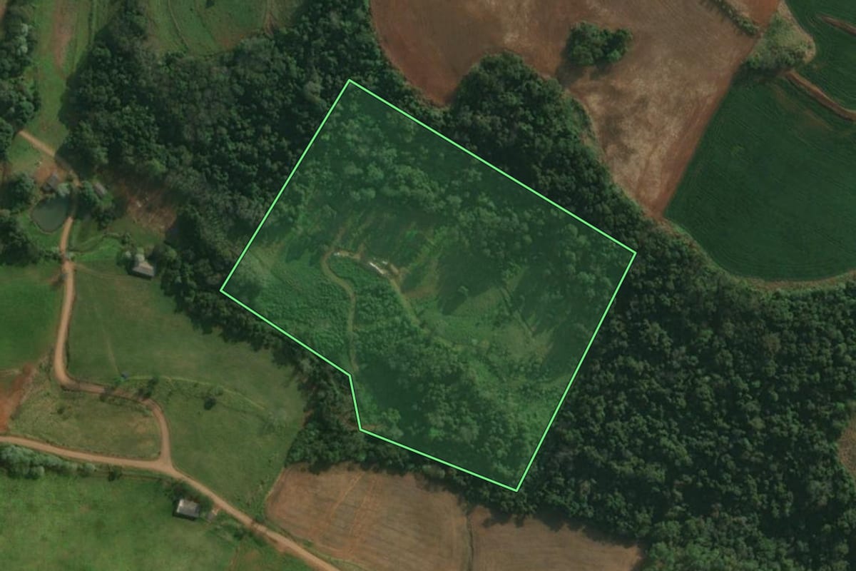 Imagem de satélite do imóvel rural em Belmonte (SC), com o contorno declarado no CAR desenhado por cima.