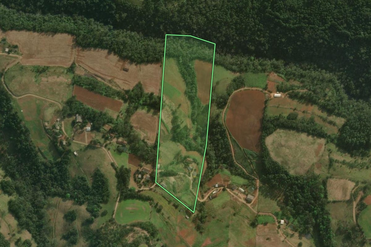 Imagem de satélite do imóvel rural em Belmonte (SC), com o contorno declarado no CAR desenhado por cima.