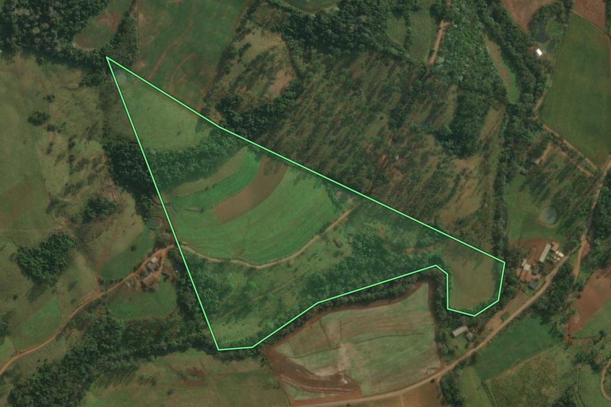Imagem de satélite do imóvel rural em Belmonte (SC), com o contorno declarado no CAR desenhado por cima.