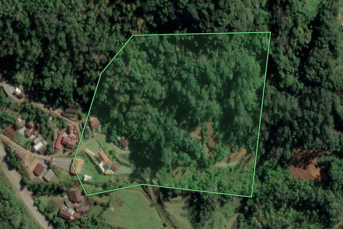 Imagem de satélite do imóvel rural em Benedito Novo (SC), com o contorno declarado no CAR desenhado por cima.